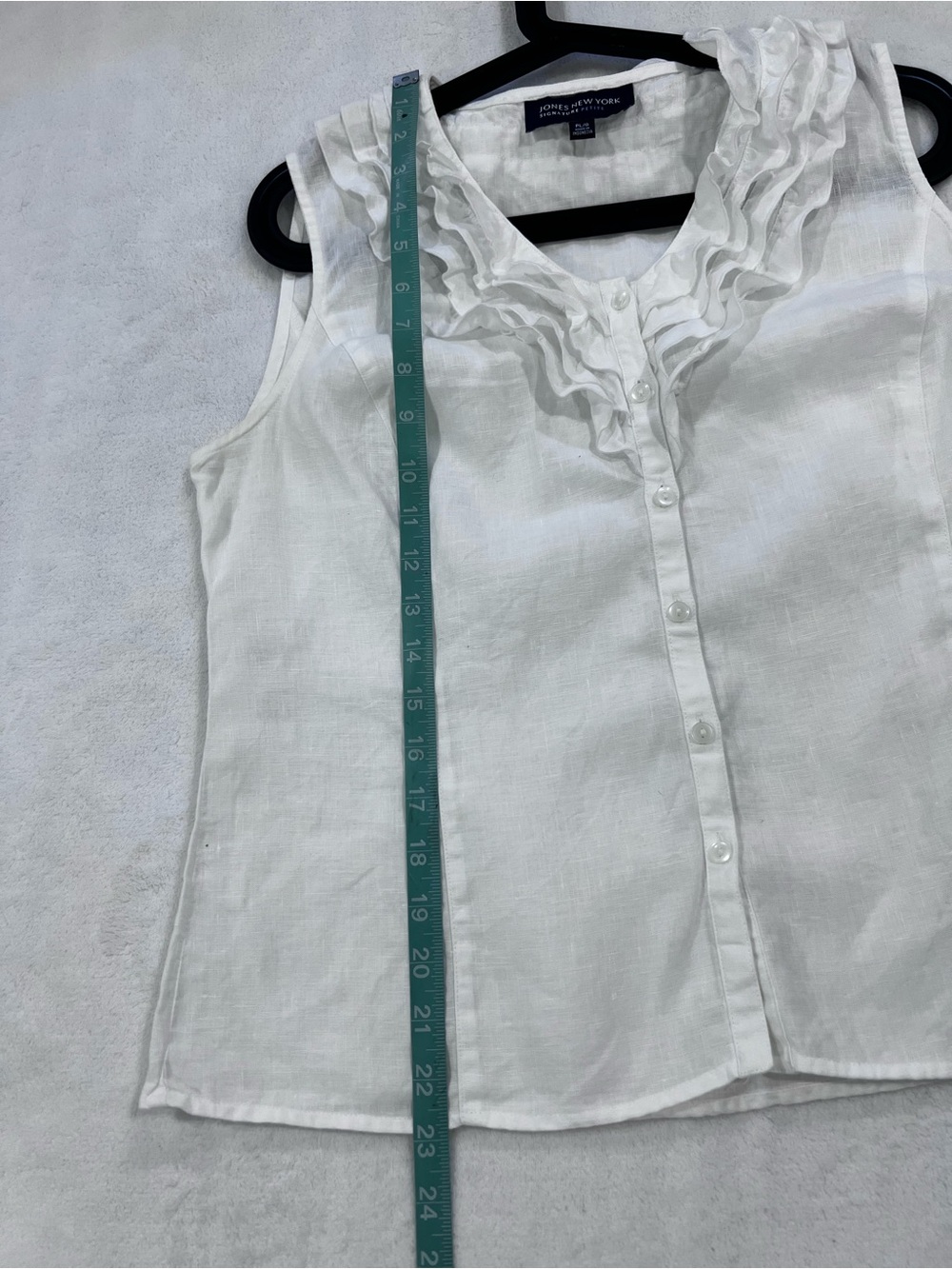 Jones New York white 100% linen ruffle sleeveless bottom front blouse PL - Picture 7 of 8